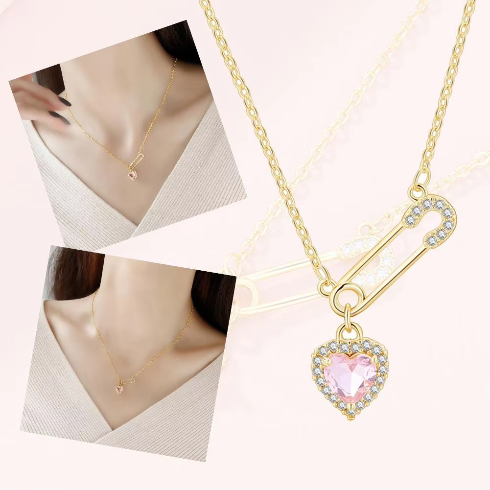 Light luxury zircon pin love ins niche design safety needle heart-shaped tassel personalized titanium steel clavicle chain