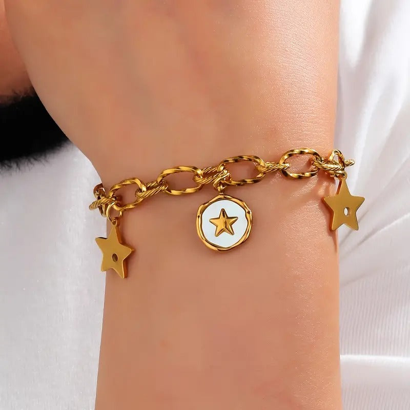 Personality Jewelry Stainless Steel Star Pendant Inlaid Shell Decor Bracelet For Women Vacation Party Daily Wear