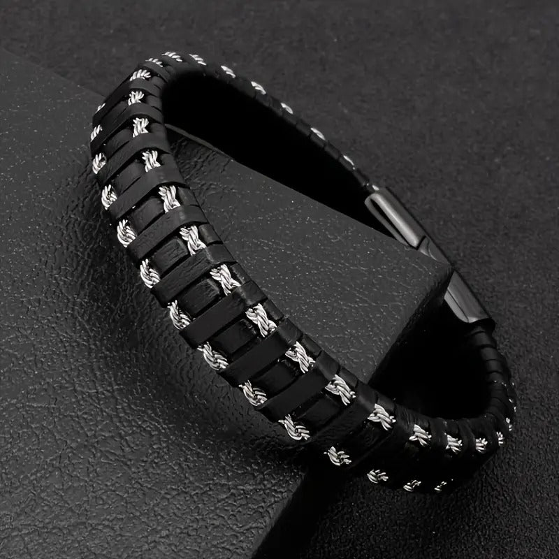 1pc Men's Stainless Steel Buckle Black Leather Bracelet