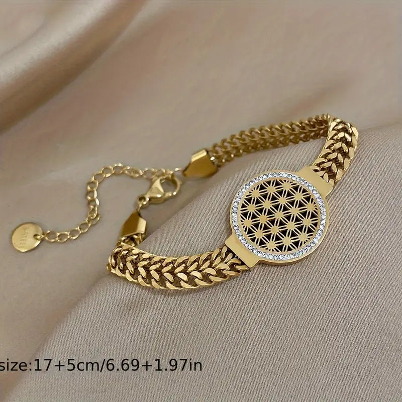 Luxurious 18K Gold-Plated Flower of Life Bracelet - Durable Waterproof Titanium Steel Jewelry Sparkling with Inlaid Rhinestones, Ideal for Females Aged 14+
