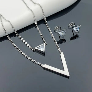 3pcs/set Ladies' Triangle Zirconia V-Shaped Stainless Steel Double-Layer Necklace and Earrings Set - Dazzling Birthday Holiday Gift, Elegant Clothing Decoration, Chic Party Accessories for Women