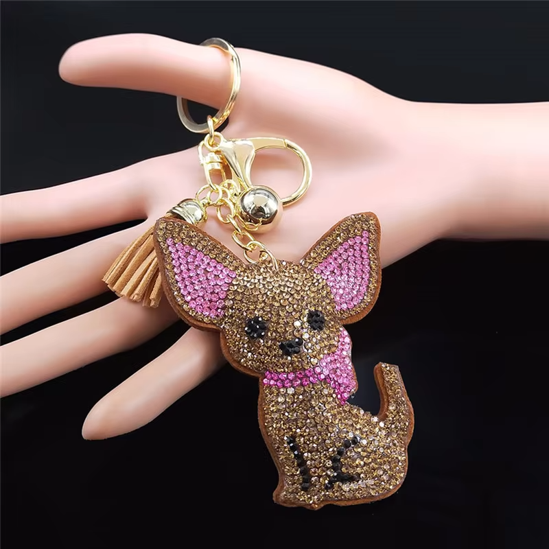 Fashion Chihuahua Dog Crystal Keychain Bag Accessories for Women Gold Color Keyring Jewelry llaveros para mujer K2502S01