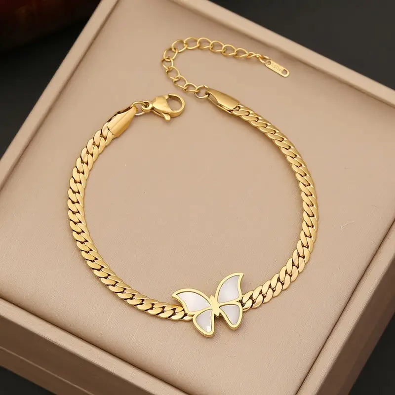 Butterfly Jewelry Set Stainless Steel Shell 18K Plated Bracelet Necklace And Earrings Set Snake Bone Chain Necklace Jewelry For Party And Banquet Wearing