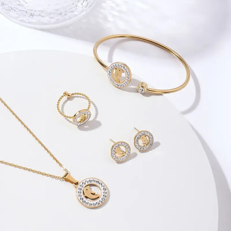 4pcs Dolphin Inlaid Zircon Set Golden Yellow Stainless Steel Inlaid Zircon Ring + Stud Earrings + Opening Adjustable Bangle + 45cm Necklace Combination Suitable For Women Jewelry Set For Prayer