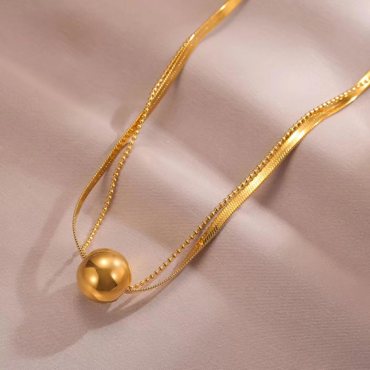 Anenjery l316 stainless steel double layer lucky beads small ball pendant necklace for women niche clavicle chain jewelry gift
