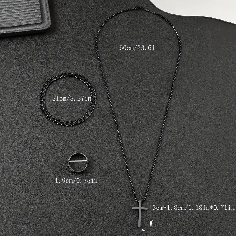 3pcs/set Men's Versatile Alloy Jewelry Set, Cross Pendant Necklace + Bracelet + Ring Set