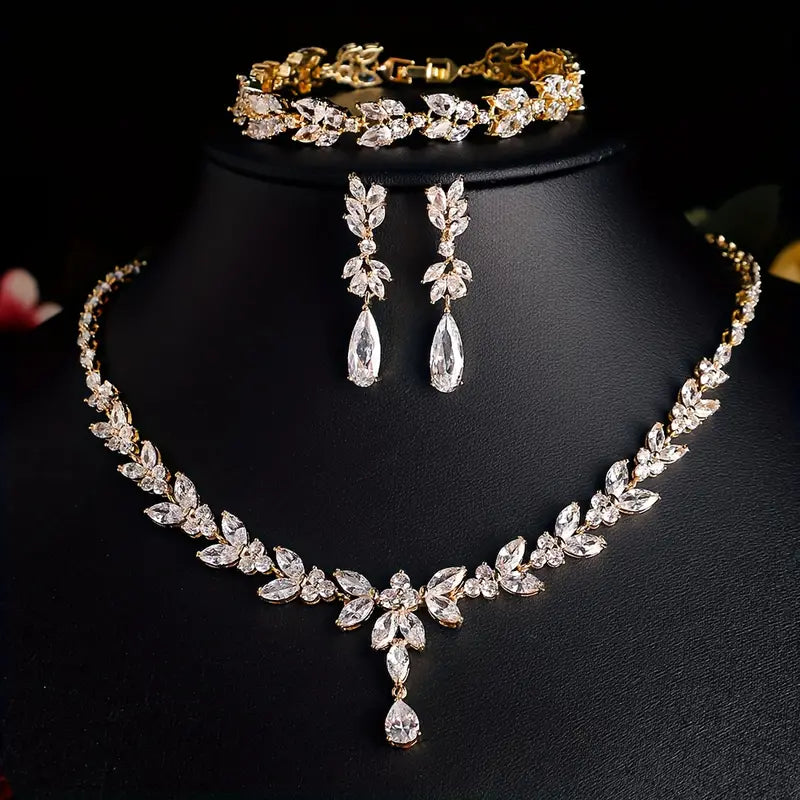 Elegant Lady Jewelry Set: 1 Necklace + 1 Bracelet + 2 Earrings, Featuring Copper-Plated zirconia Perfect for Wedding Brides And Valentine'S Day Gifts