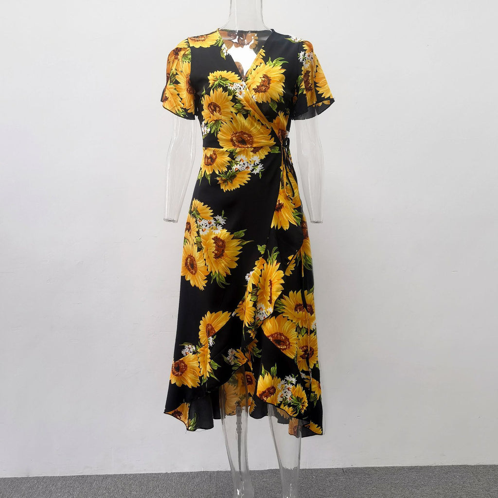 Resort Style Ladies Sunflower Print Ruffle Dress