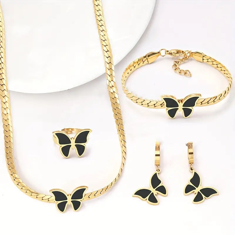 5pcs/set Butterfly Necklaces + Earrings + Bracelets + Ring Set, Fashion Snake Bones Cuban Chain, Stainless Steel Jewelry Set For Men And Women