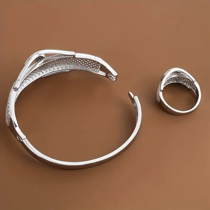 2-Piece Luxury X-Knot Bangle & Ring Set: Bright Zirconia on Durable Copper, Suitable for Daily Chic or Party Glamour, Bold in Silver or Gold