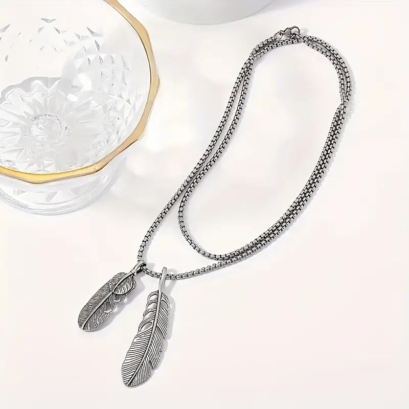 1pc Stainless Steel Feather Shape Pendant, Necklace For Men