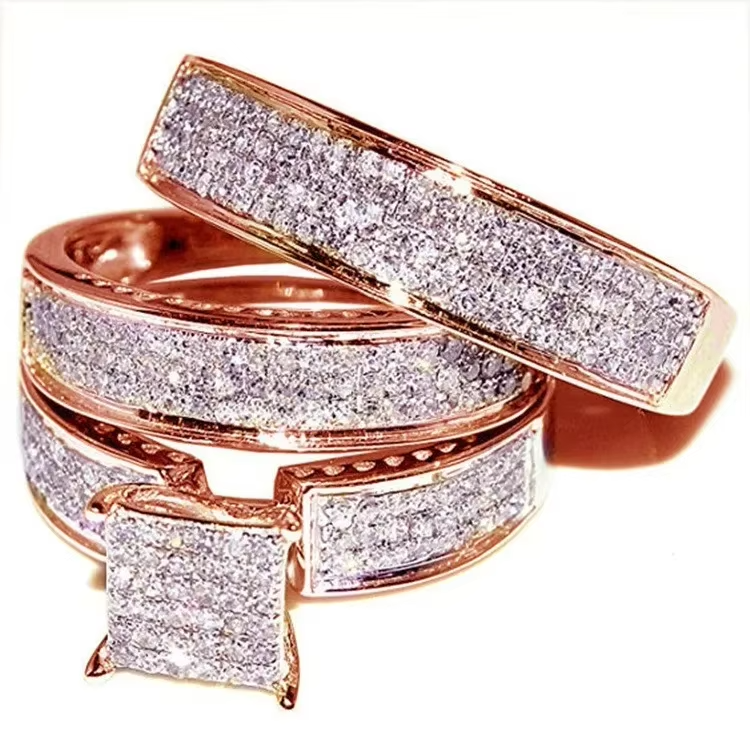 3 pcs/set Fashion Colorful Zircon Inlaid Hollow Metal Ring For Women Accessories Jewelry Party Wedding Gift