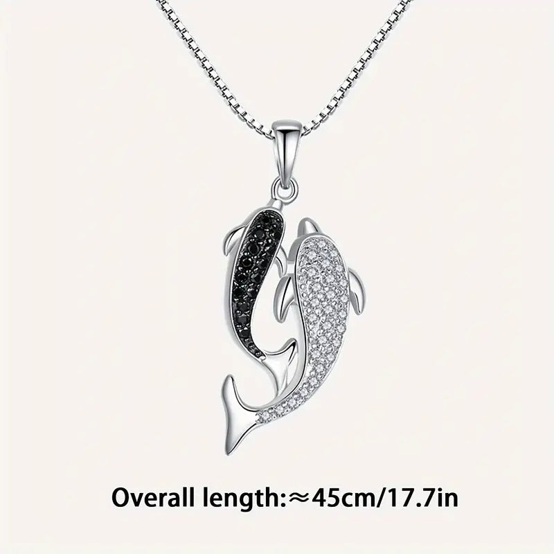 Double dolphin necklace female plated s925 silver clavicle chain gorgeous micro inlaid pendant Korean item jewelry