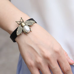 Load image into Gallery viewer, Kpop Bee Leather Bracelets for Women Retro Leather Pearl Bead Black Wrap Bracelet Snap Button Wristband Bangle Jewelry Girl Gift
