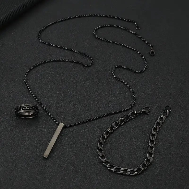 3pcs/set Fashionable Stainless Steel Pendant Necklace + Bracelet + Ring Set, Men's Casual Jewelry Accessories