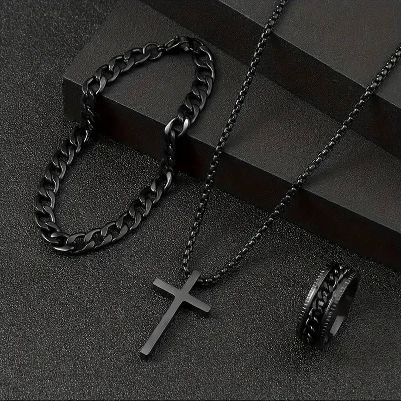 3pcs/set Men's Versatile Alloy Jewelry Set, Cross Pendant Necklace + Bracelet + Ring Set