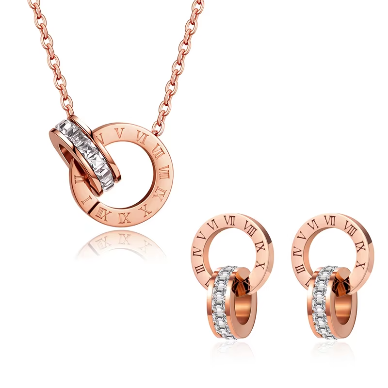 Classic Roman Numeral Crystal Stainless Steel Earrings Necklace for Women Luxury Elegant Fashion Wedding Party Jewelry Gift