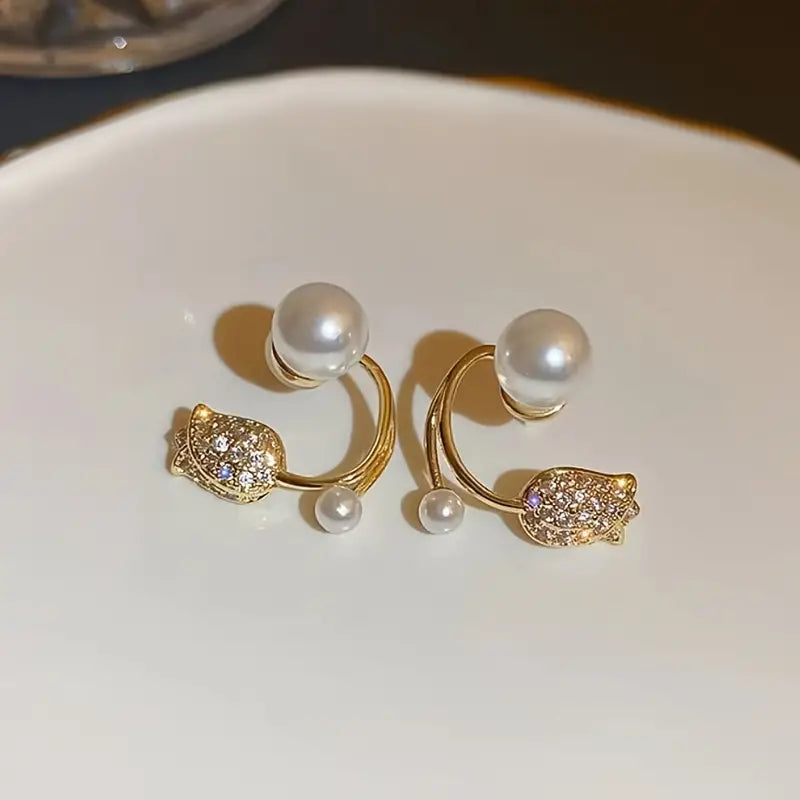 Fashion Tulip Stud Earrings with Synthetic Crystal & Imitation Pearl for Women, Sophisticated Elegant Charm, Trendy Unique Style Ear Jewelry, Alloy Ear Needle, No Precious Metal Plating