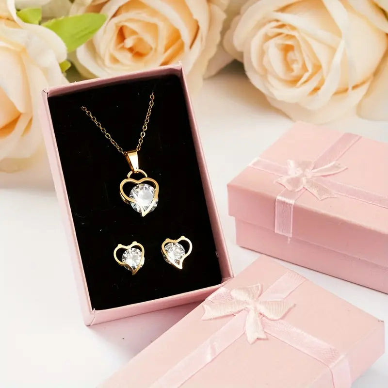 1 Pair Stud Earrings +1 Pc Necklace With Heart Design Stainless Steel Plated Jewelry Set Zircon Inlaid Elegant Leisure Style Valentine's Day Gift