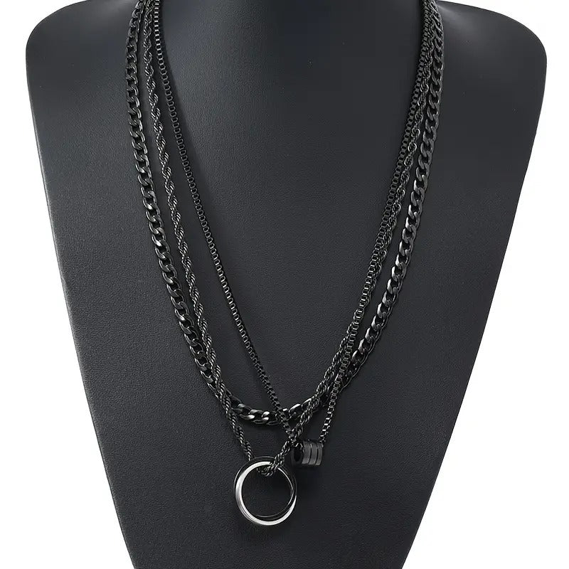 3pcs Fashion Stainless Steel Necklace Set, Black Pendant Necklace Sweater Chain Set Accessories For Men