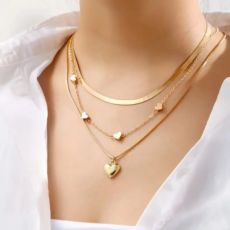 Elegant 3pcs Heart Charm Necklace Set for Women - Adjustable Layered Design, Perfect for Casual Attire & Couples' Gifts