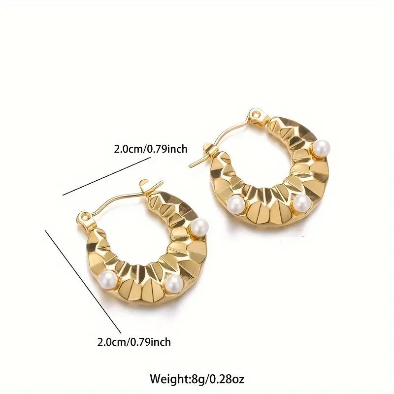 1 Pair Innovation Stainless Steel Hoop Earrings Golden Electroplated Rhombus Faceted Irregular Pattern Faux Pearl Embellished Women's Earrings Jewelry