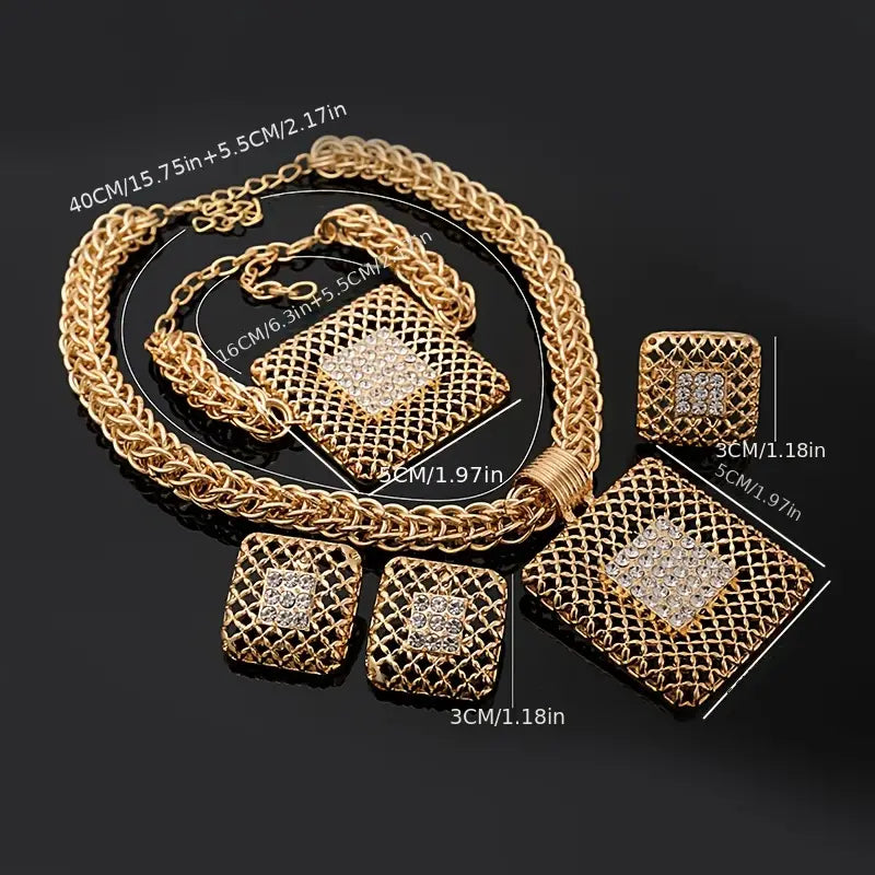 1 Pair Of Earrings + 1 Necklace + 1 Bracelet + 1 Ring Traditional Bridal Jewelry Set 18k Plated Hollow Geometric Design Match Daily Outfits