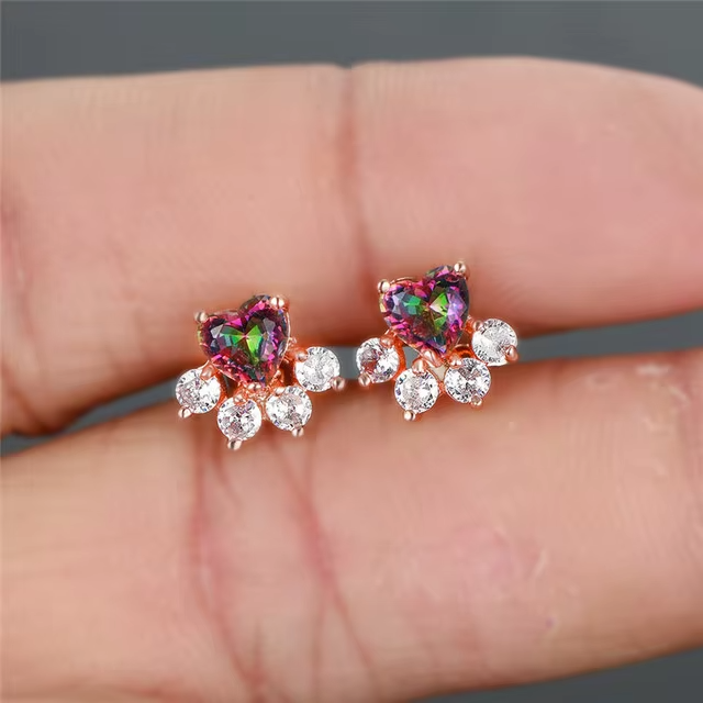 Cute Heart Cat Paw White Zircon Stud Earrings For Women Vintage Fashion Animal Footprint Crystal Stone Earrings Wedding Jewelry