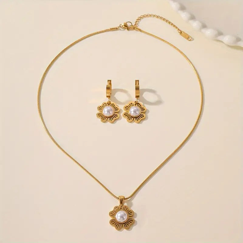 1 Pair Hoop Earrings +1 Pc Necklace With Hollow Golden Flower Imitation Pearl Design Stainless Steel Jewelry Set For Women Wedding Dating Gift