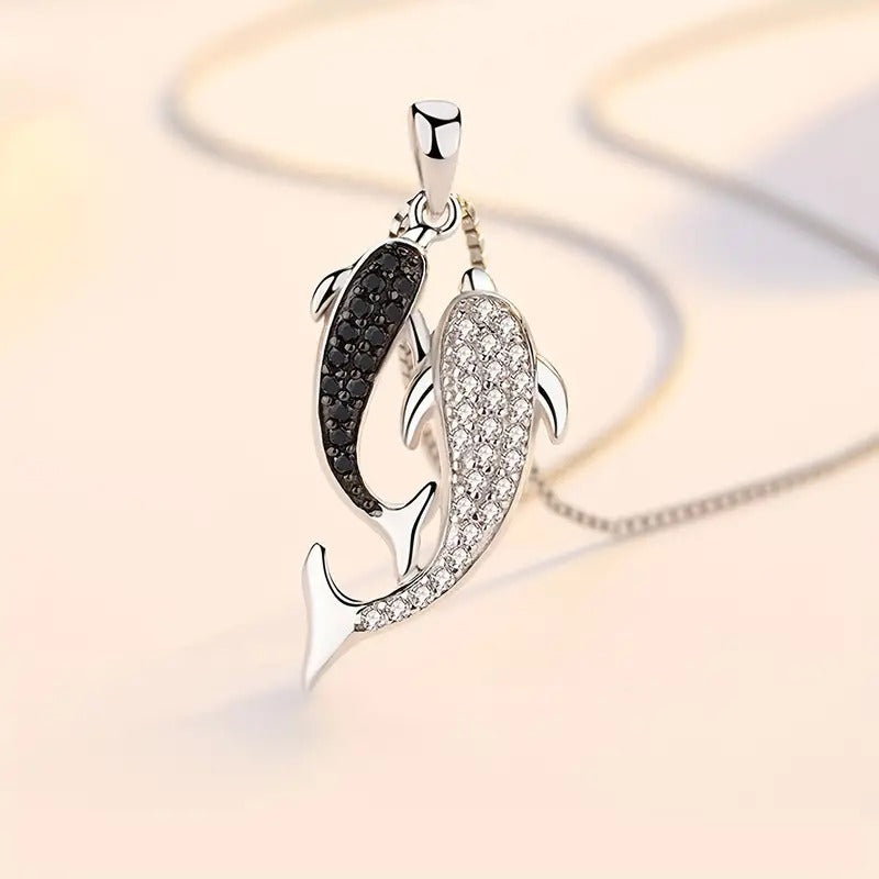 Double dolphin necklace female plated s925 silver clavicle chain gorgeous micro inlaid pendant Korean item jewelry