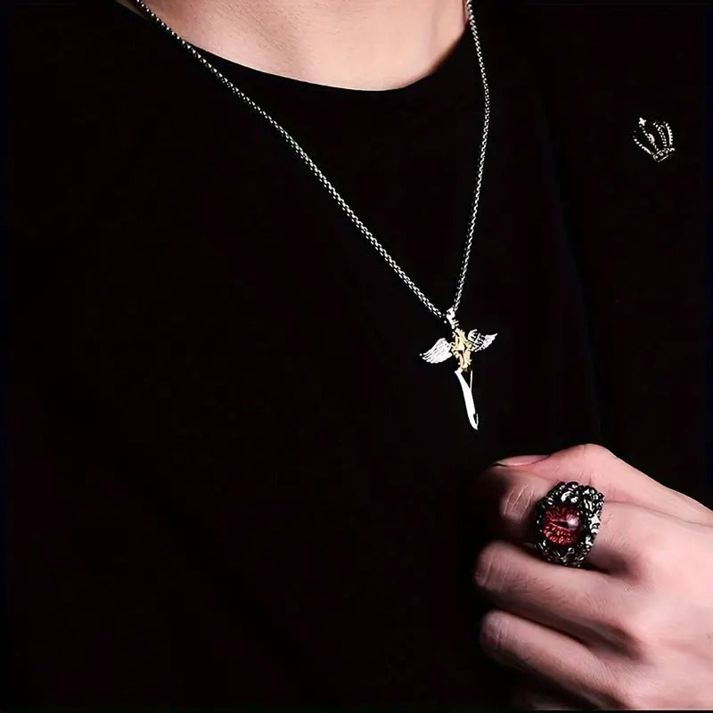 1pc Cross Necklace Angel Sword Angel Wings S925 Silver Pendant, Golden Plated Fashion Jewelry For Men