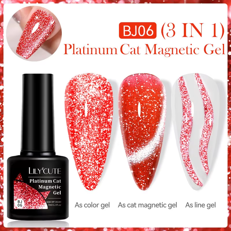 LILYCUTE 7ML 3 IN 1 Platinum Rose Gold Cat Magnetic Gel Nail Polish Moonlight Magnetic Gel Varnish Glitter Semi Permanent UV Gel