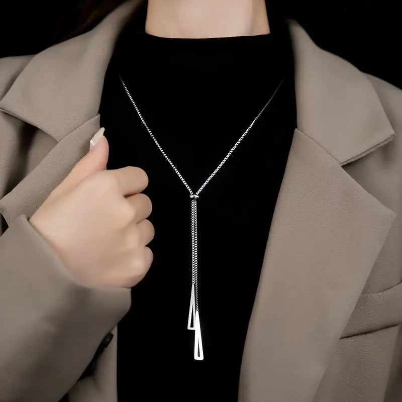1pc Fashion Minimalistic Stainless Steel Long Necklace With Creative Triangle Pendant, Adjustable Versatile Jewelry, Ideal choice for Gifts