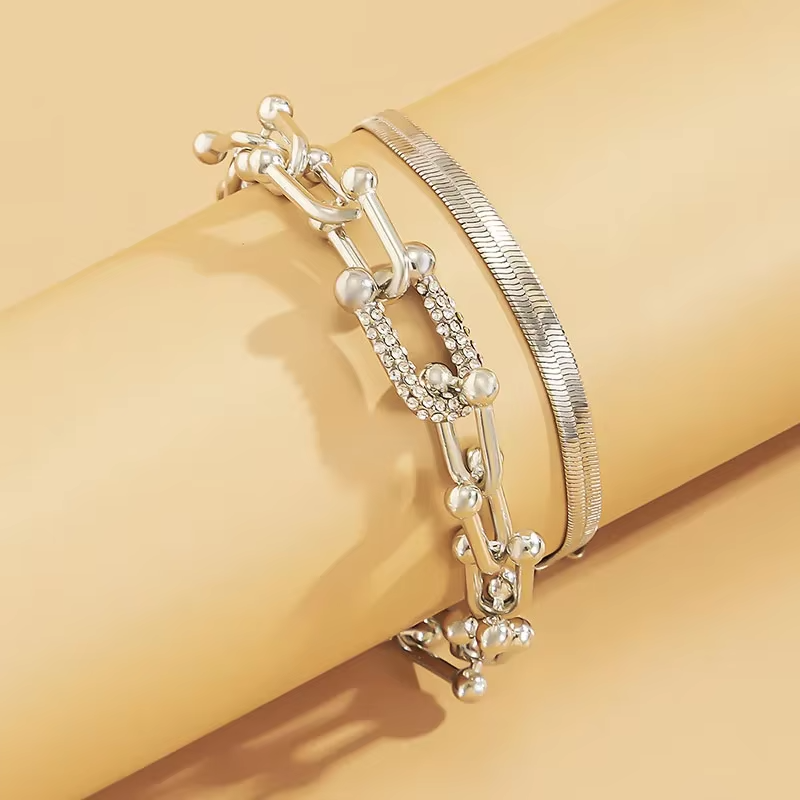 Ins Style 2 in 1 Bracelet Jewelry Set Extendable Stainless Steel Snake Chain Hoop Link Bracelet for Women Girls