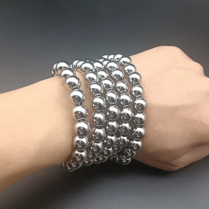 Silver Color Elastic Stainless Steel Bracelet Metal Ball 2/4/5/6/8/10mm Beaded Chain Bracelet For Women Men High Quality Jewelry