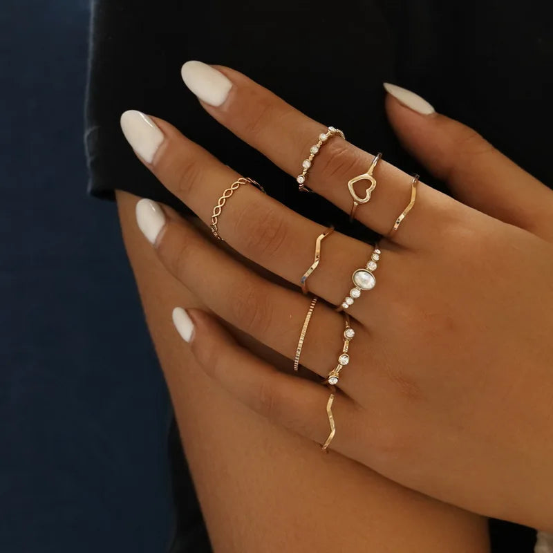 8Pcs/set Fashion Boho Crystal Joint Ring Set For Women Geometric Knuckle Finger Rings Female Bohemia Wedding Party Jewelry Gifts