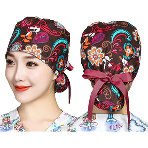 Printed Scrub Hats with Buttons Bandage Tieback Working Caps Women Cotton Head Wear Reuseable Hats Beauty Salon Pet Workwear