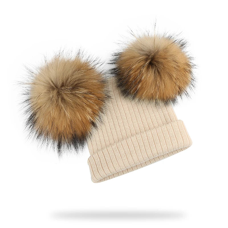 Winter Kids Natural Raccoon Fur Double Pompon Hat And Scarf For Girls Baby Cap With Genuine Pompom Children's Accessories Bonnet