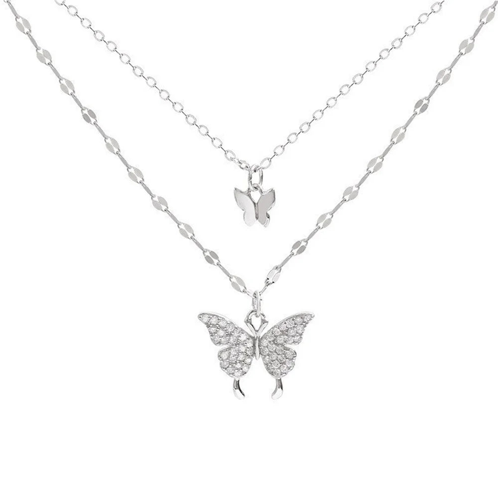 New Shiny Butterfly Necklace Stainless Steel Necklace For Women Double Layer Clavicle Chain  Jewelry for Ladies Gift