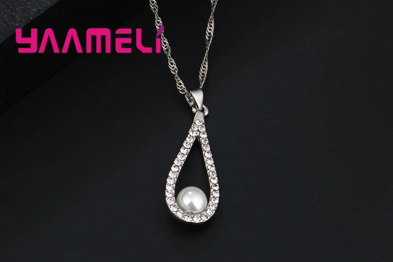 Pure 925 Sterling Silver Shiny CZ Crystal Water Drop Pearl Necklaces Pendant Chain Earrings Woman Fine Wedding Jewelry Set Gift