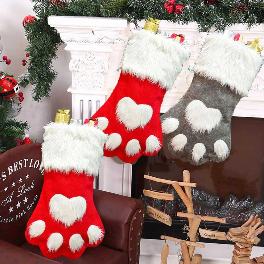 1pcs Christmas Stockings Home Decoration Accessories Plaid Christmas Gift Bags Pet Dog Cat Paw Stocking Socks Xmas Tree Ornament