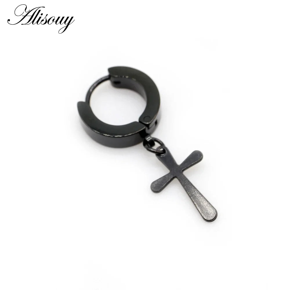 Alisouy 2 pc Men Cross Punk Dangle Earrings Gothic Woman Stainless Steel Cross Hoop Earrings Huggies Pendant Piercing jewlery