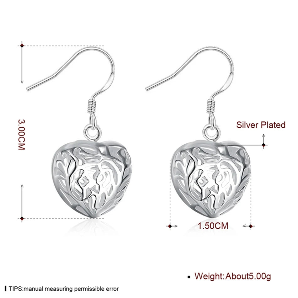 DOTEFFIL 925 Sterling Silver Hollow Heart Ball Drop Earrings For Woman Wedding Engagement Party Fashion Charm Jewelry