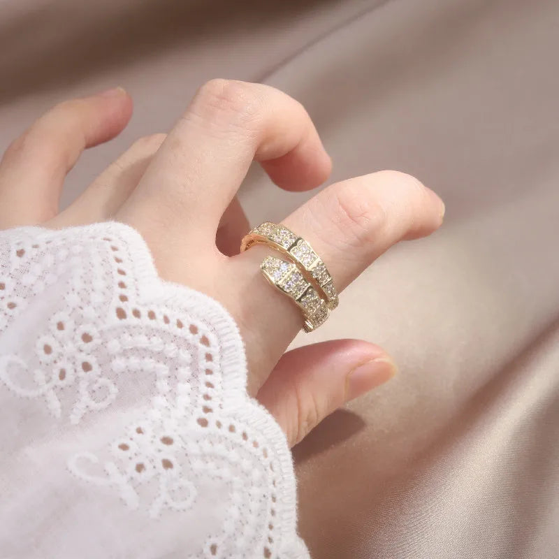 Hot fashion jewelry 14k real gold plated aaa zircon double layer animal snake adjustable ring elegant women's daily wild ring