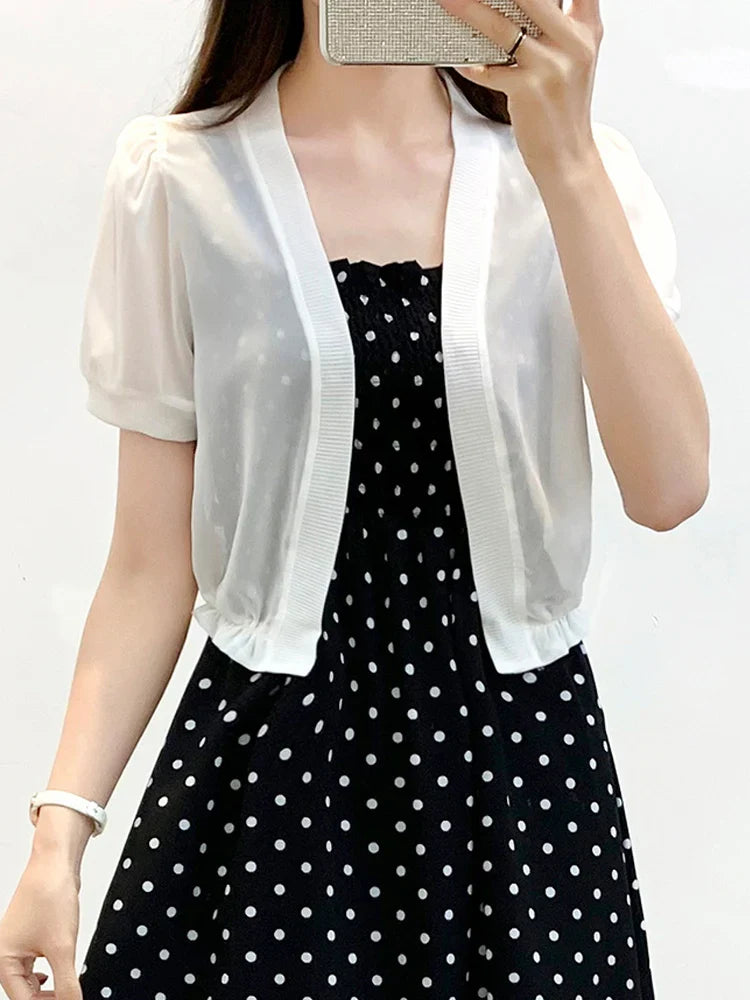 2022 Chiffon Shrug Women Casual Short Sleeve Light Crop Open Stitch Cardigan Short All-match Shawl Wrap 5XL