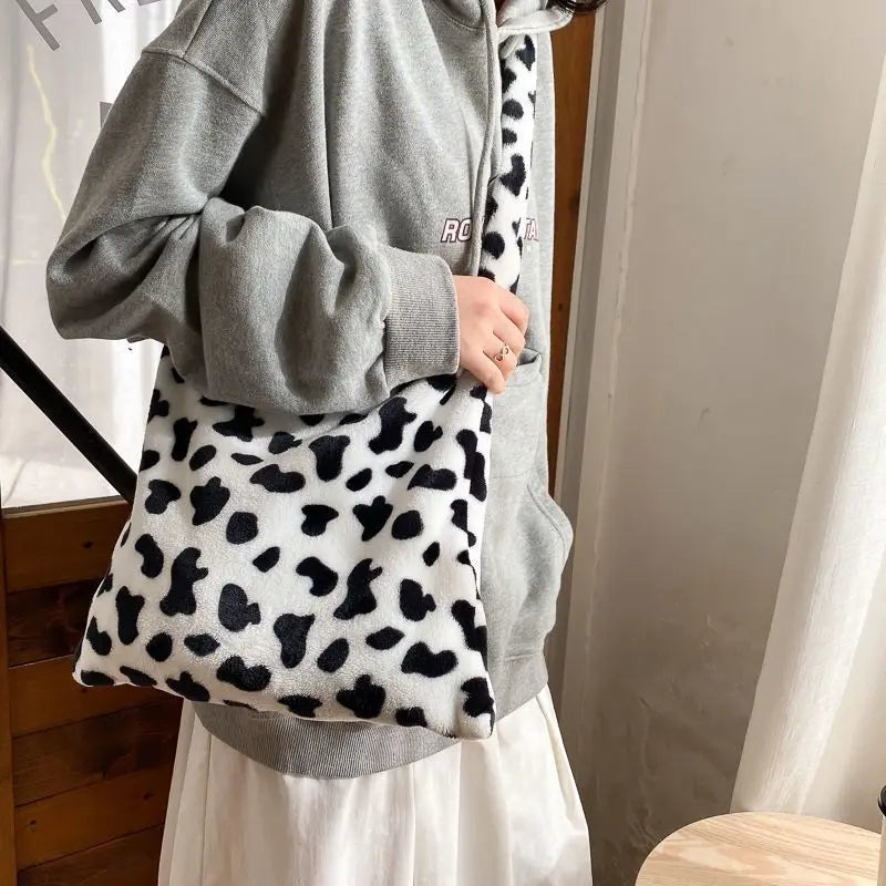 Milk Cow Print Messenger Bag Womens Fashion Big Capacity Single Shoulder Bag Soft Plush Handbag Female Crossbody Tote Bags