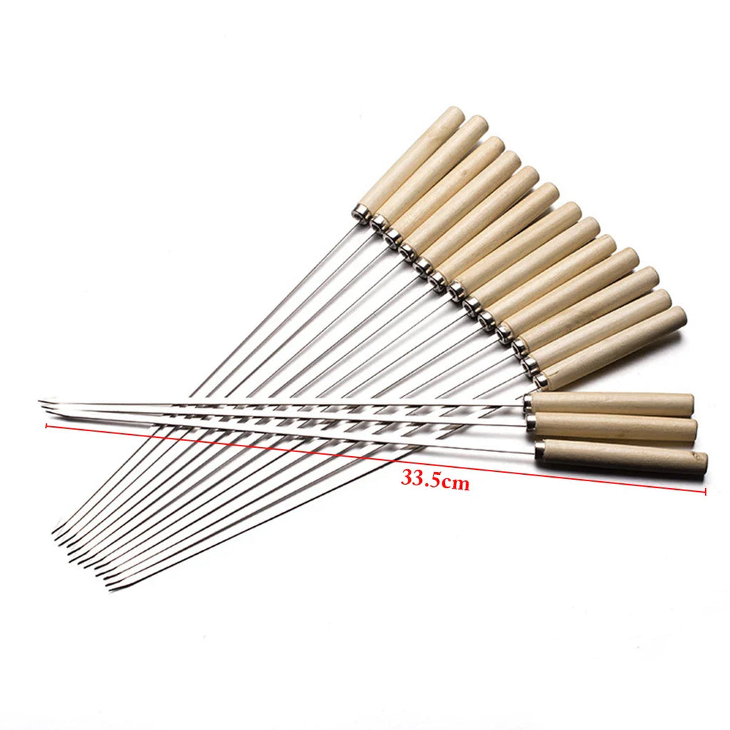 20Pcs/Set Barbecue Skewer Wooden Handle Stainless Steel Kabob Skewer BBQ Stick Outdoor Camping Kitchen BBQ Tools Accessories