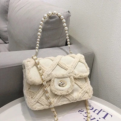 Women Canvas Shoulder Messenger Crossbody Bag Ladies Vintage Handbag Totes Female Cotton Wool Cloth Shopping Bags pearl