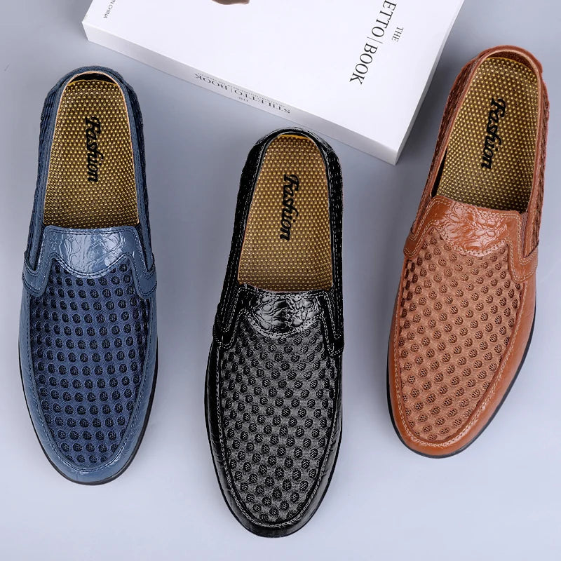 FUQIAO 2024 New Casual Shoes Men Summer Comfortable Mesh Genuine Leather Footwear Fashion Soft Male Outdoor Moccasins Loafers