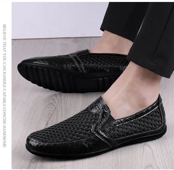 FUQIAO 2024 New Casual Shoes Men Summer Comfortable Mesh Genuine Leather Footwear Fashion Soft Male Outdoor Moccasins Loafers